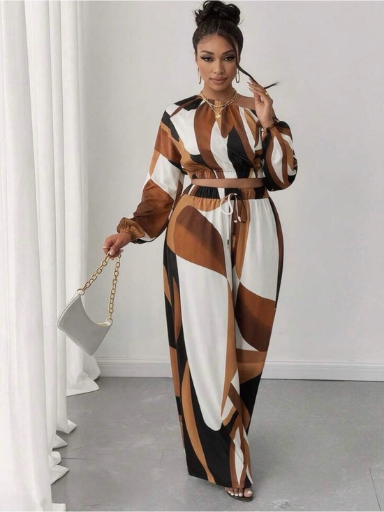Pants - Women's Brown Multi-Print Wide Leg Jumpsuit